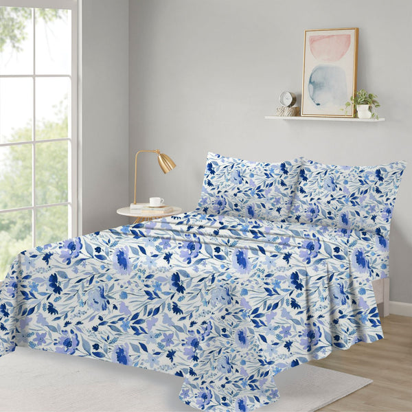 🌸 3PCS Floral Bedsheet Set – Elegant Blue Blossom 🌿🛏️