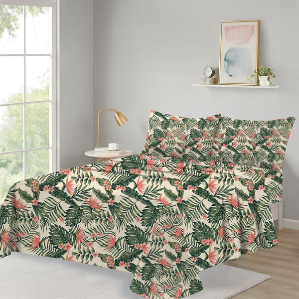 🌺 3PCS Tropical Bedsheet Set – Creamy Jungle Vibes 🌴🛏️